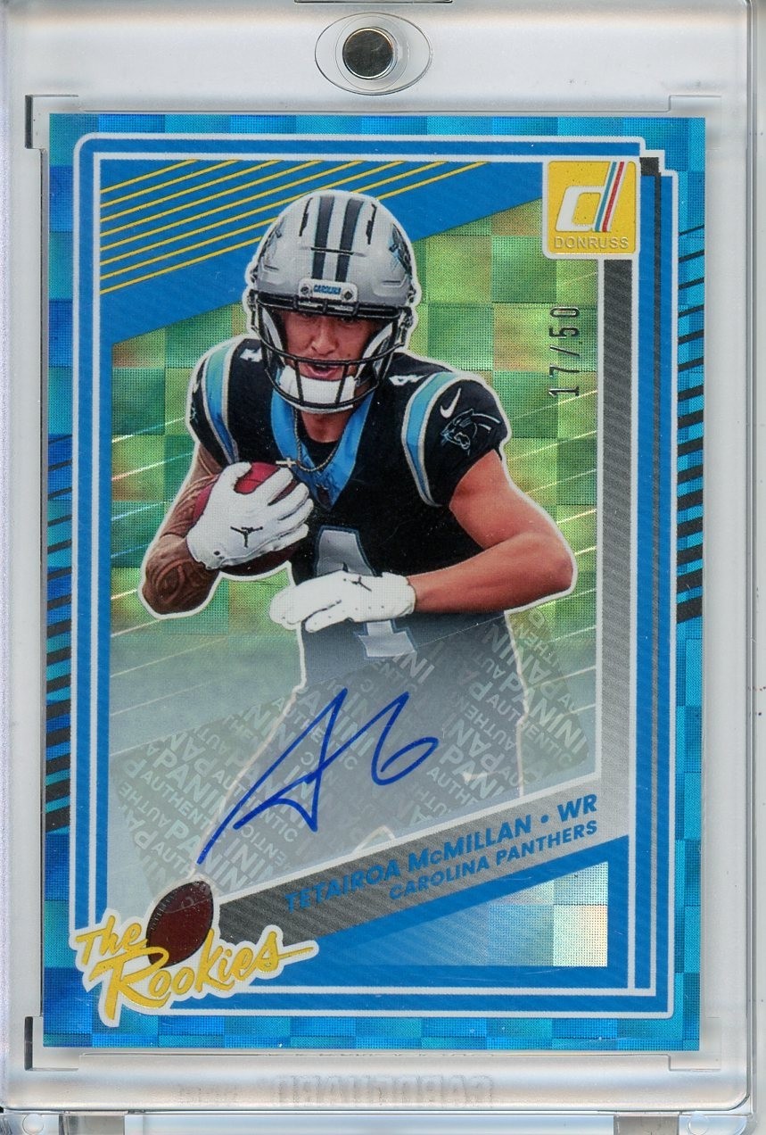 Tetairoa McMillan 2025 Panini Donruss The Rookies Blue Auto /50 RC #34 Panthers