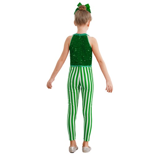 Kids Girls Christmas Candy Cane Costume Striped Sequins Jumpsuit Dance Bodysuit - Picture 20 of 27