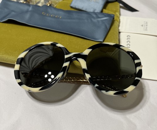 Gafas de sol Gucci redondas gris marfil dorado negro con logotipo de cadena desmontable - Imagen 4 de 6