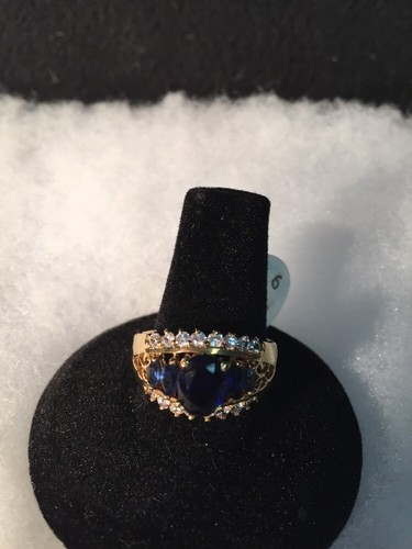 RING BLAUER SAPHIR IMITAT MIT CZ & BAND 50 MLS VERGOLDET ÜBER MESSING GR. 9 NEU - Bild 2 von 5