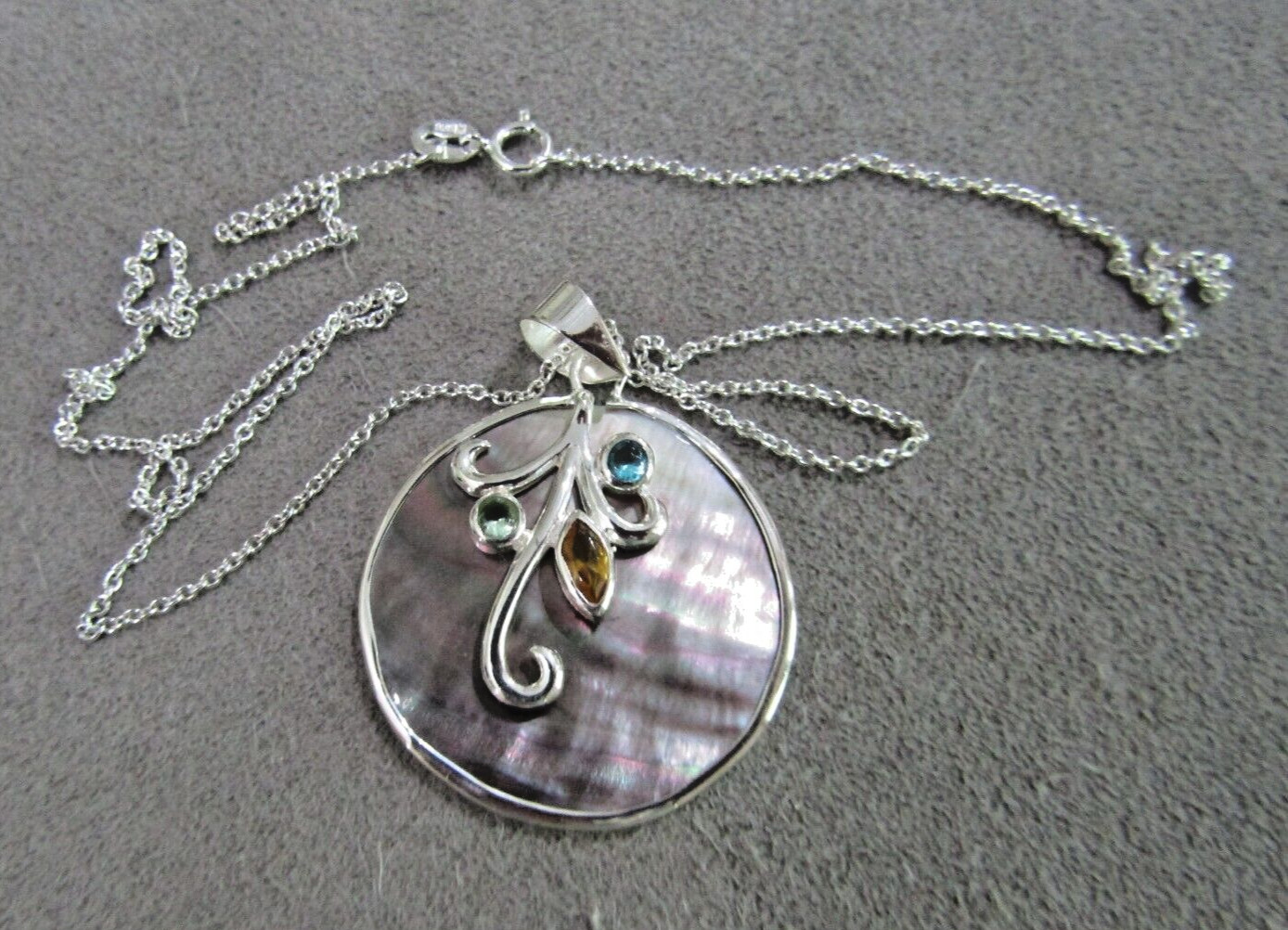 Sterling Silver MOP/Abalone Multi Gem Pendant Nec… - image 2