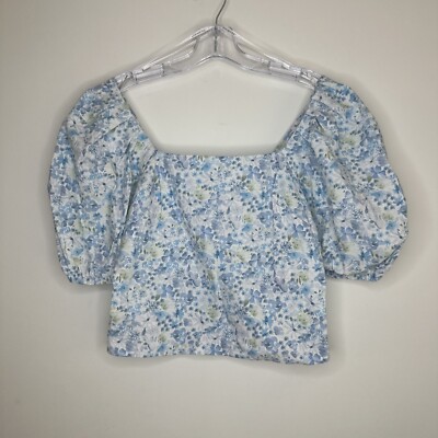 Primark Top Blouse Size 8 White Blue Multi Floral Puff Sleeves 100% Cotton BNWT