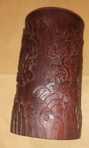 Vintage Asian Bamboo High Relief Carving Brush Pot Vase Carved Hills China Japan