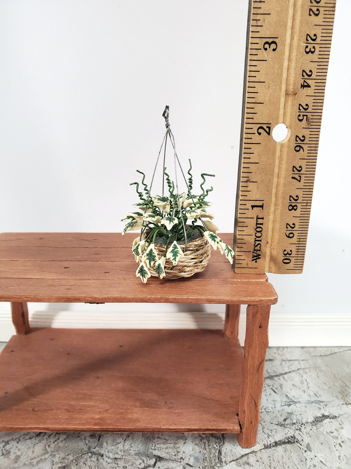 Dollhouse Hanging Plant Variegated English Ivy Natural Fiber Basket 1:12 Scale