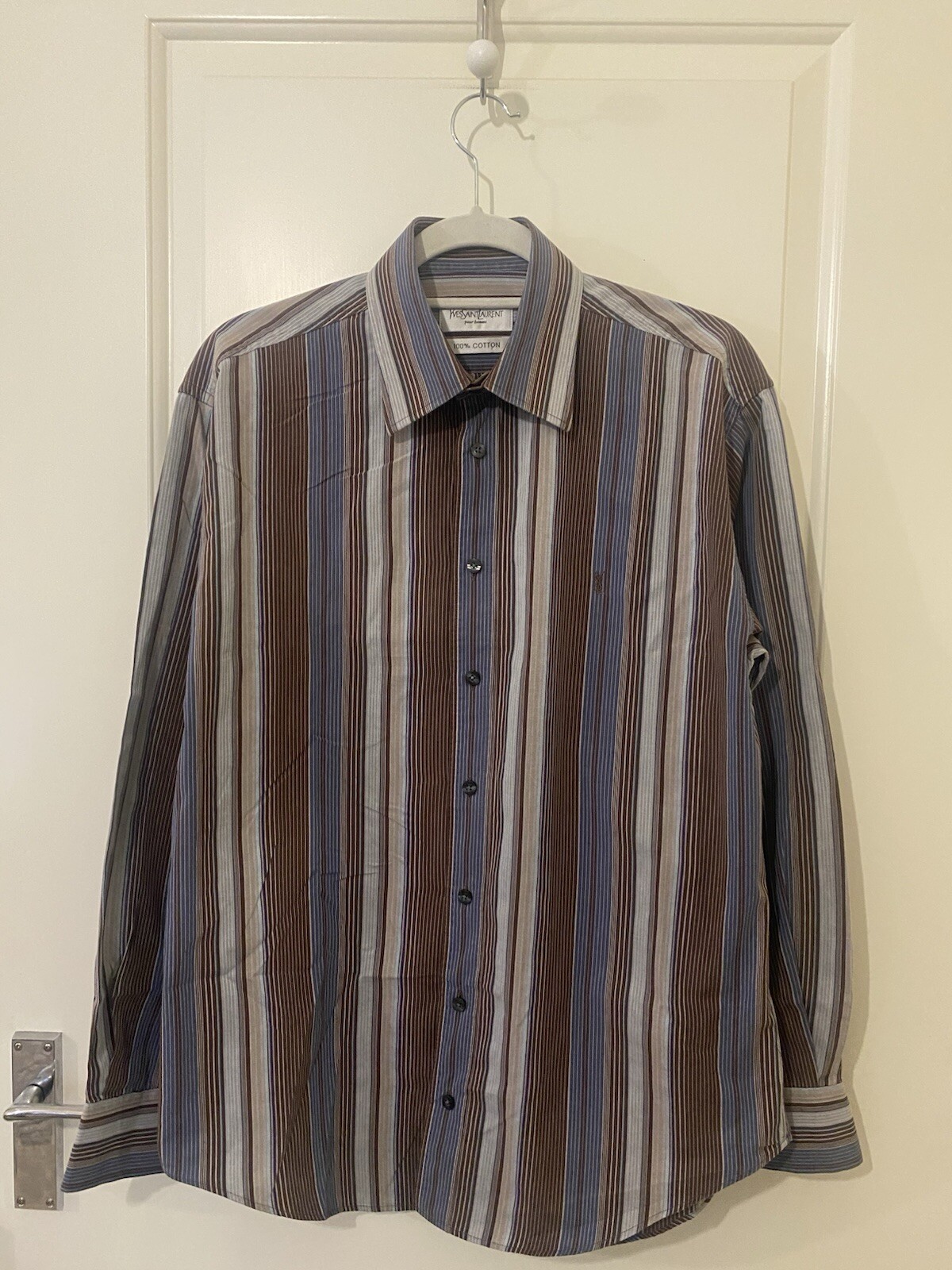 Camicia YVES SAINT LAURENT uomo taglia M bottoni davanti marrone blu righe YSL ricamata