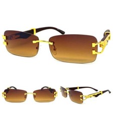 Men Classy Elegant Sophisticated Modern SUN GLASSES Rimless Gold Faux Wood Frame