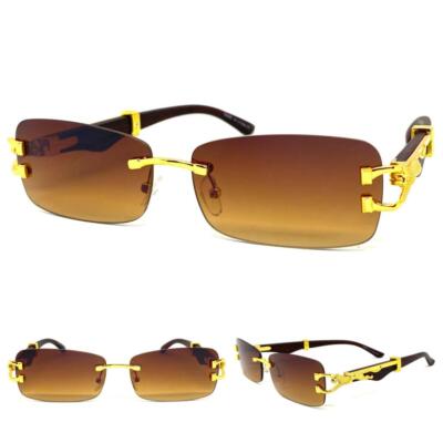Men Classy Elegant Sophisticated Modern SUN GLASSES Rimless Gold Faux Wood Frame