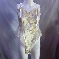 Vintage Victoria Secret Lingerie Small Ivory Beaded Satin Lace 90s Bodysuit