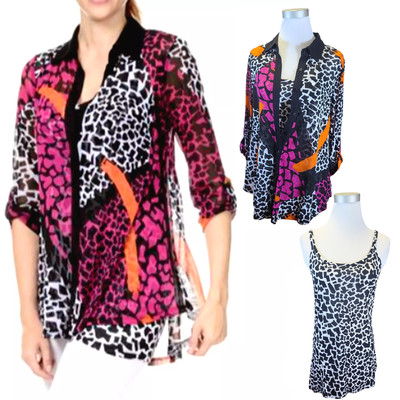 LYNN RITCHIE S Pink Orange Black Animal Print Mesh Tunic + Tank Top NWT
