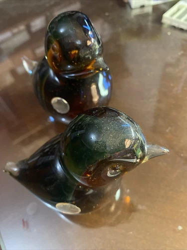 2-Vintage Murano Glass Birds, Amber-1970s, Made in Italy