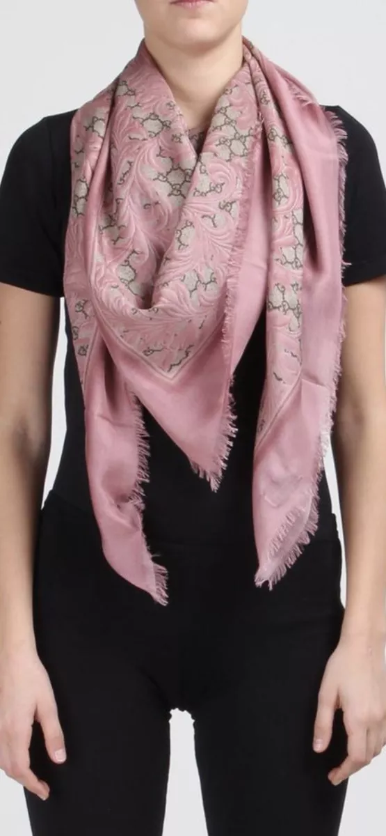 100% Authentic GUCCI Pink Big Arabesque GG Logo Silk Blend Scarf