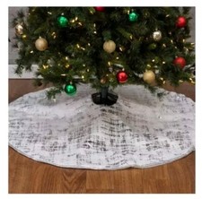 White Faux Fur Silver Metallic Foil Design Christmas 48" Tree Skirt
