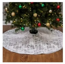 White Faux Fur Silver Metallic Foil Design Christmas 48" Tree Skirt