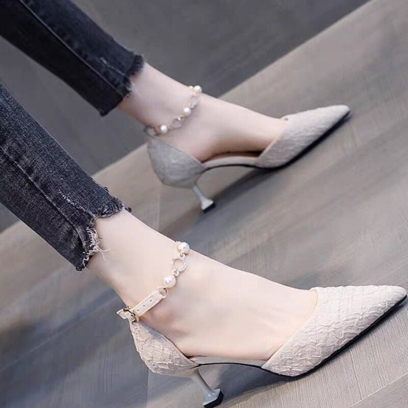 Women Pearl Low Stilettos Heel Pump Shoes Ankle Strap Pointed Toe