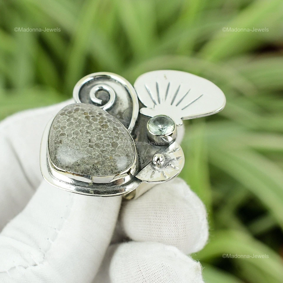 Nuevo anillo llamativo de plata esterlina 925 natural coral raya topacio azul suizo Foto 4 de 4