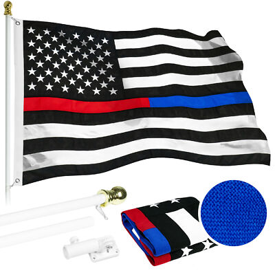 G128 6ft Aluminum Flagpole (White) Thin Blue&Red Line Flag Spun Polyester 3x5ft