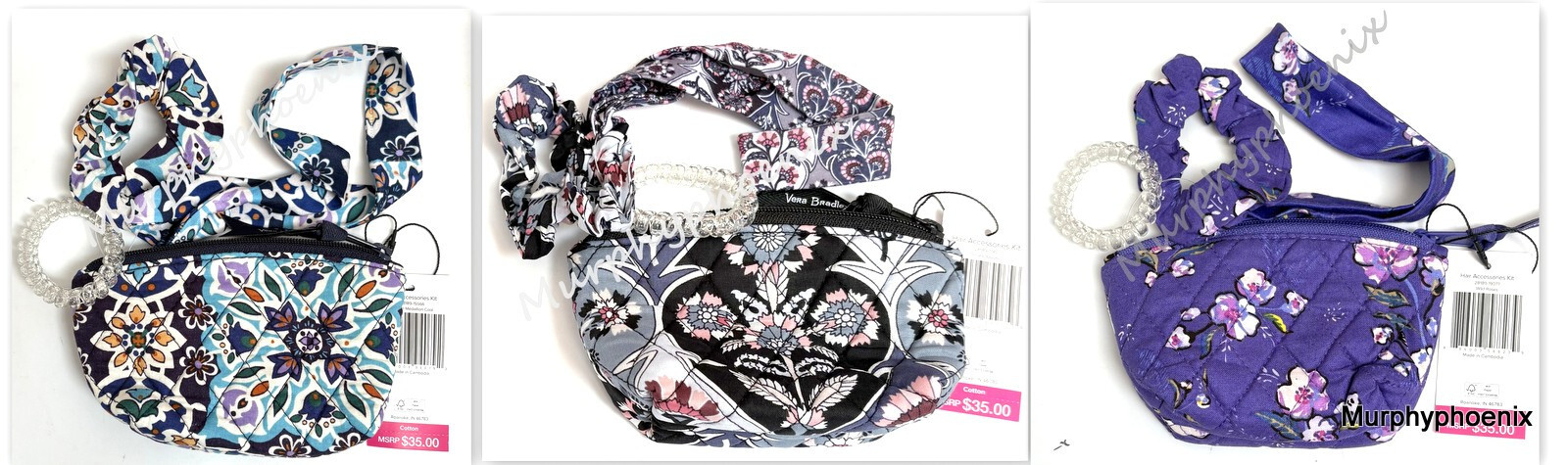 Vera Bradley Hair Accessories Kit Scrunchie, Headband, Spiral Hair Tie, Zip Case