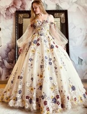 Spaghetti Straps Puff Sleeves Appliques Backless Zipper Tulle Wedding Dress