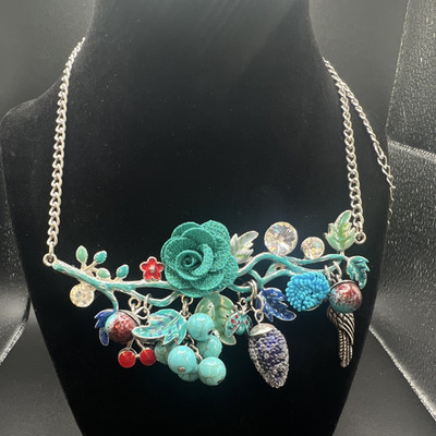 Multicolor Floral Bird Charm Statement Necklace Glass Plastic Enamel Adjustable