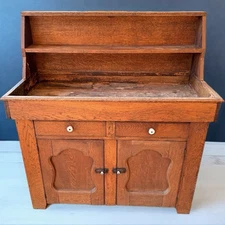 Antique Oak Dry Sink Cabinet with High Back Shelf – Primitive Farmhouse Style