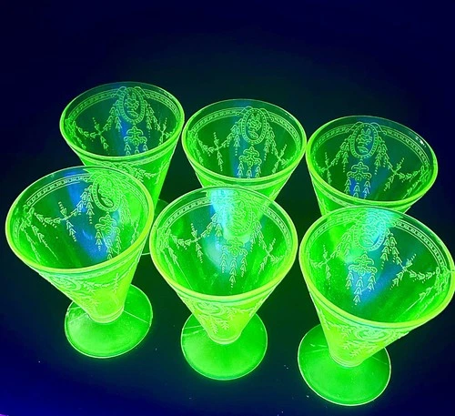 6 Vintage Belmont Rose Cameo Green Uranium Vaseline Depression Glasses GLOWS!