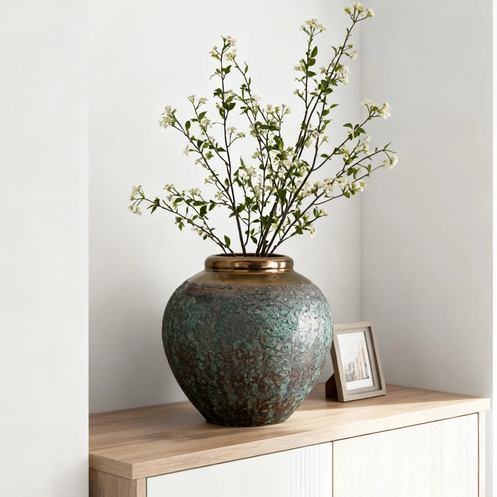 Ceramic Flower Vase, Rustic Farmhouse Flower Vase with Bronze Rim, Vintage Ta...