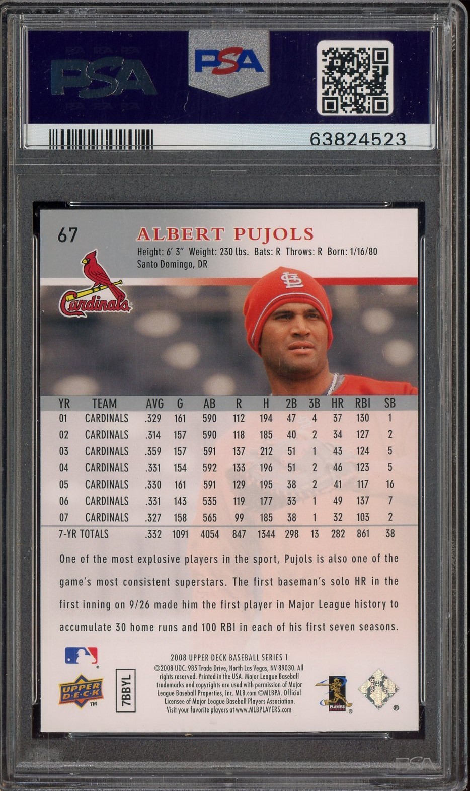 2008 Upper Deck #67 Albert Pujols St Louis Cardinals PSA 10 GEM MINT view 2