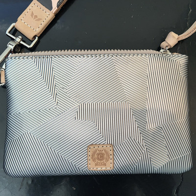 Consuela Bam Bam Combi Metalic Silver Grey with wrist strap animal print clutch