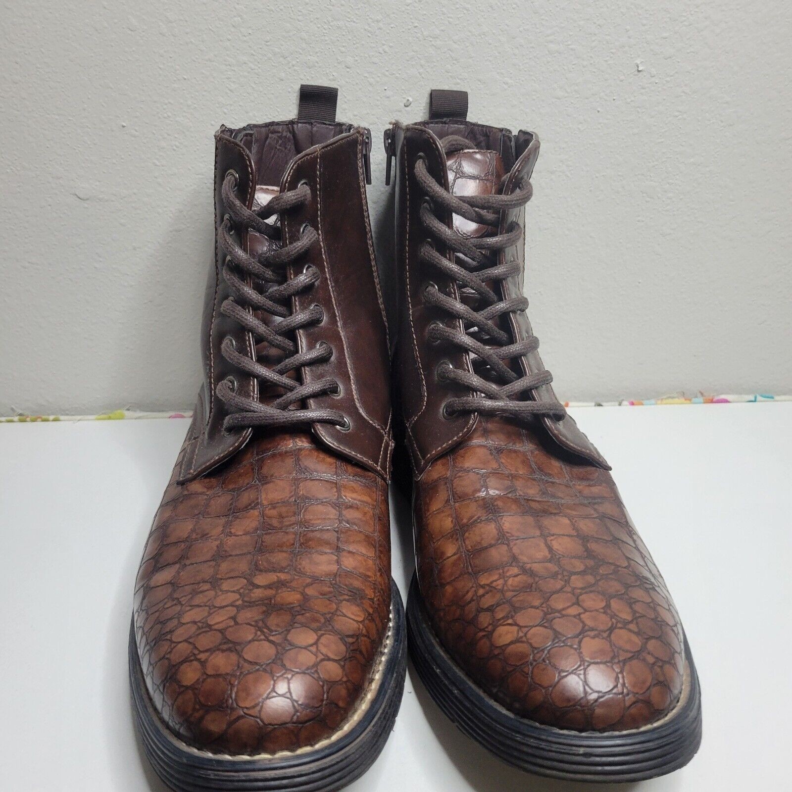 Todd Welsh Mens Brown Reptile Print Lace Up Boots Shoes Size 9.5