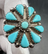 VINTAGE NAVAJO STERLING SILVER TURQUOISE CLUSTER RING SIZE 7, SIGNED -- CC