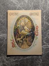 Christmas Card Vintage 40s Greetings Nativity Card Shepherds Lambs Poinsettia
