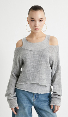 Feinstrickpullover, doppellagig, schulterfrei, Rundhalsausschnitt, lang- Gr: S