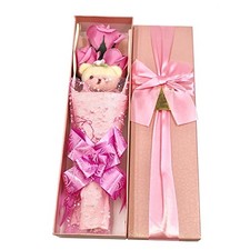 Flower Bouquet 3 Scented Soap Roses Gift Box with Cute Teddy Bear for Her Pink