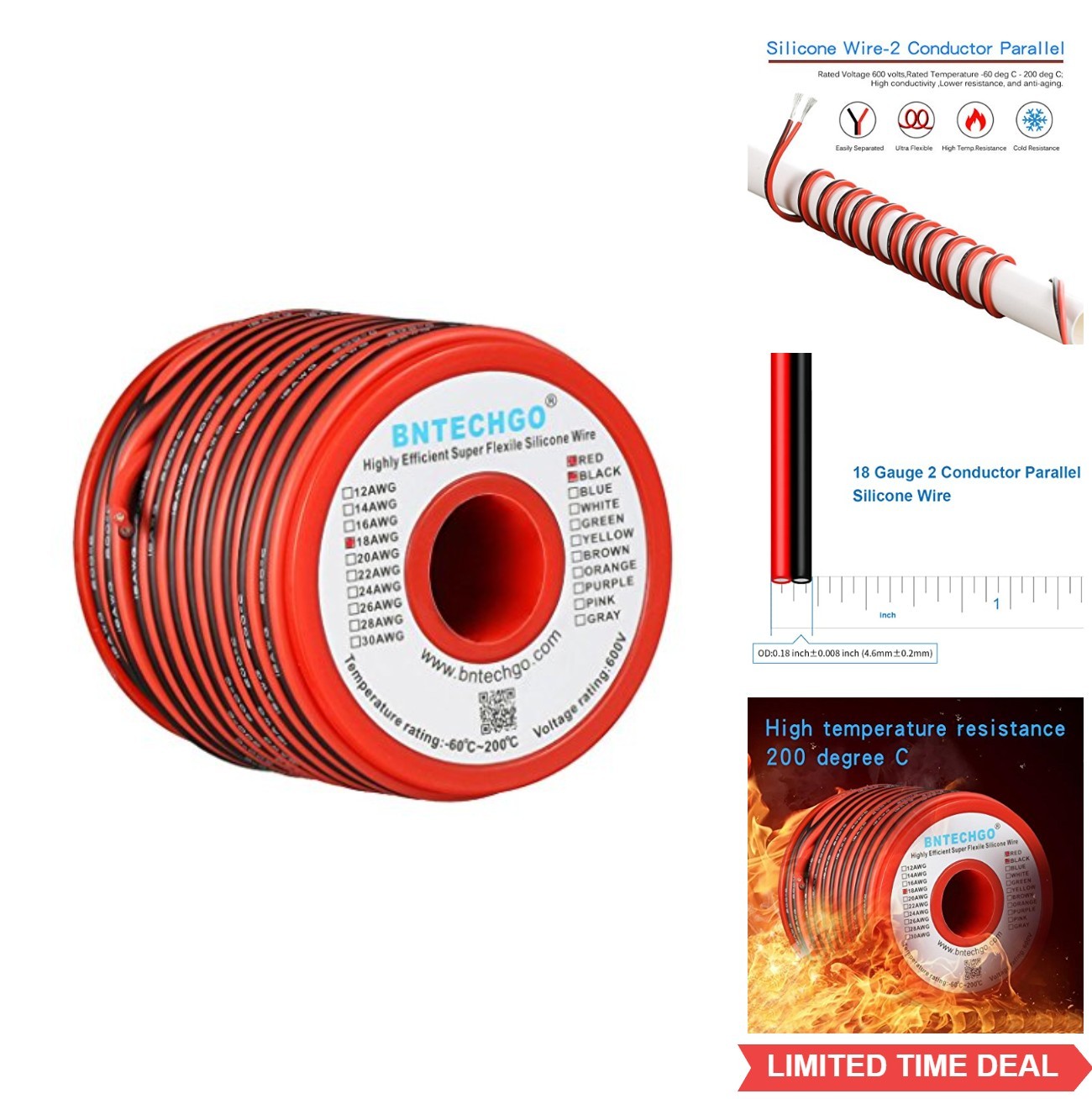 18 Gauge 2 Conductor Parallel Silicone Wire Red Black 50ft Tinned Copper