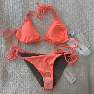 NWT L*Space Electric Coral String Bikini Set with Reversible Bottoms Sz S