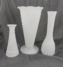White Milk Glass Vase Lot of 3 Vintage Hobnail Dots & Varied Lg, Small & Medium