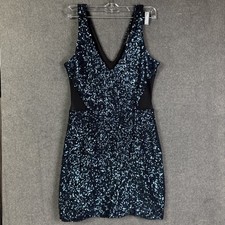Bebe Dress Women Medium Blue Sequin with Mesh Cutouts Bodycon Lined Stretch Y2K