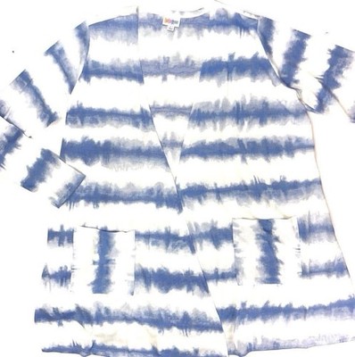 LuLaRoe Caroline Cardigan - White With Blue Tie-Dye Stripes - 2XL