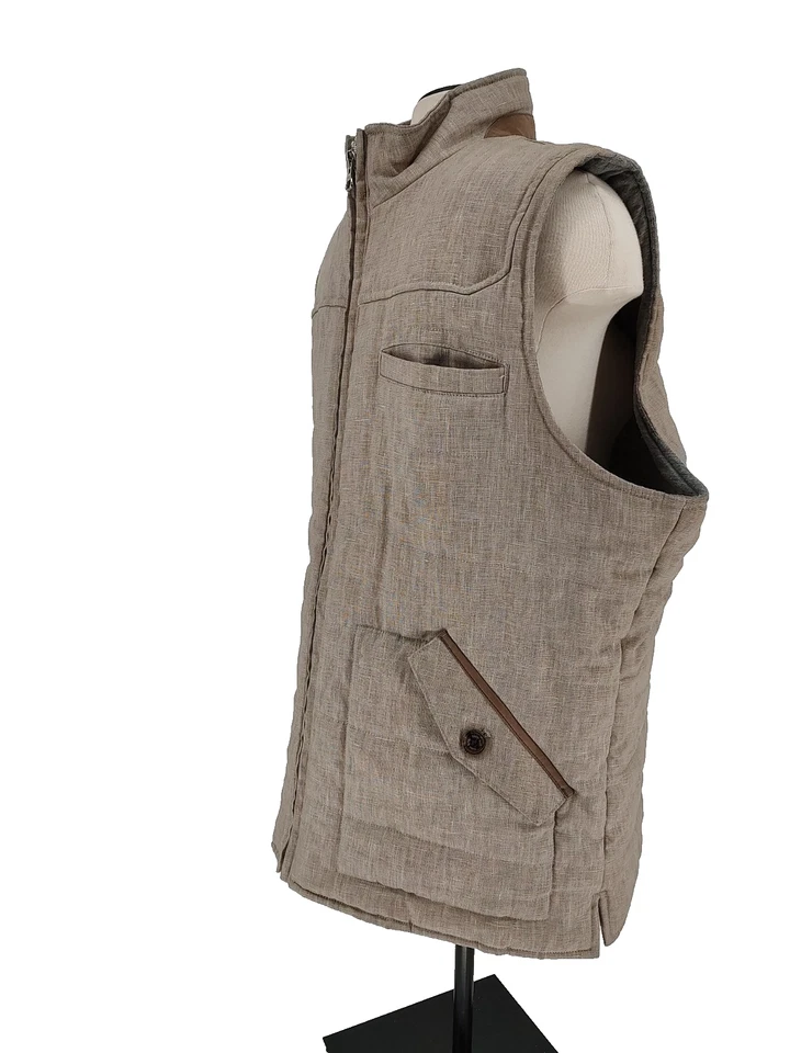 Tasso Elba Men's Tan Linen Quilted Zipper Vest Size Large Button & Chest Pockets - Image 3 of 4