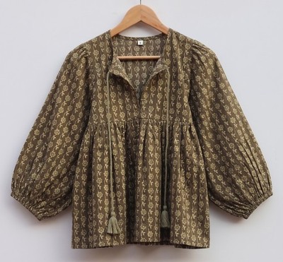 Hand Block Print Cotton Women Top Boho Floral Indian Summer Blouse