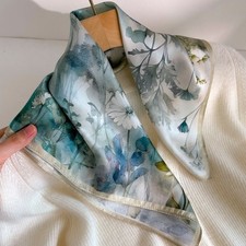 100 Mulberry Silk 21'' Square Scarf Women Neckerchief Wrap Elegant Blue Flowers