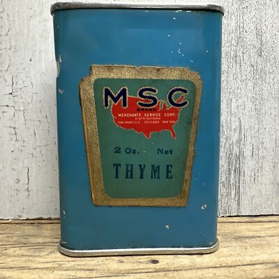 Vintage MSC Thyme Spice Tin Merchant Service Corp Blue USA Advertising