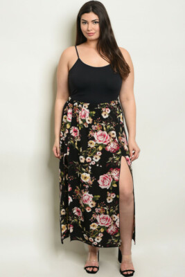 Women's Plus Size Black Multi Color  Floral Print Long Maxi Skirt