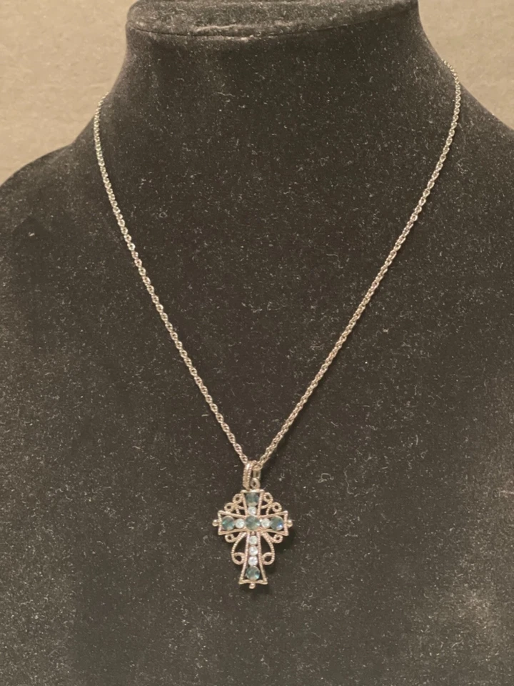 Collar Cruz Retro Renacimiento Victoriano 1928 Años 80 con Piedras Azules Foto 4 de 4