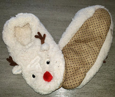 men women FLEECE REINDEER CHRISTMAS SLIPPERS size MEDIUM/LARGE tan so soft 