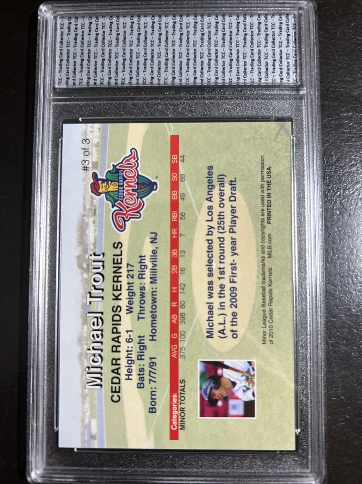 Lote de 3 núcleos Cedar Rapids Mike Trout 2010 1, 2 y 3 gema graduada TCC como nueva 10 Foto 3 de 4