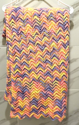 Hand Crocheted Throw Blanket Purple Pink Yellow Zigzag 64x56'' NEW