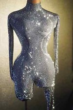 Women Sparkly Long Sleeve Crystal Bodysuits Stage Performance Wear Jumpsuits