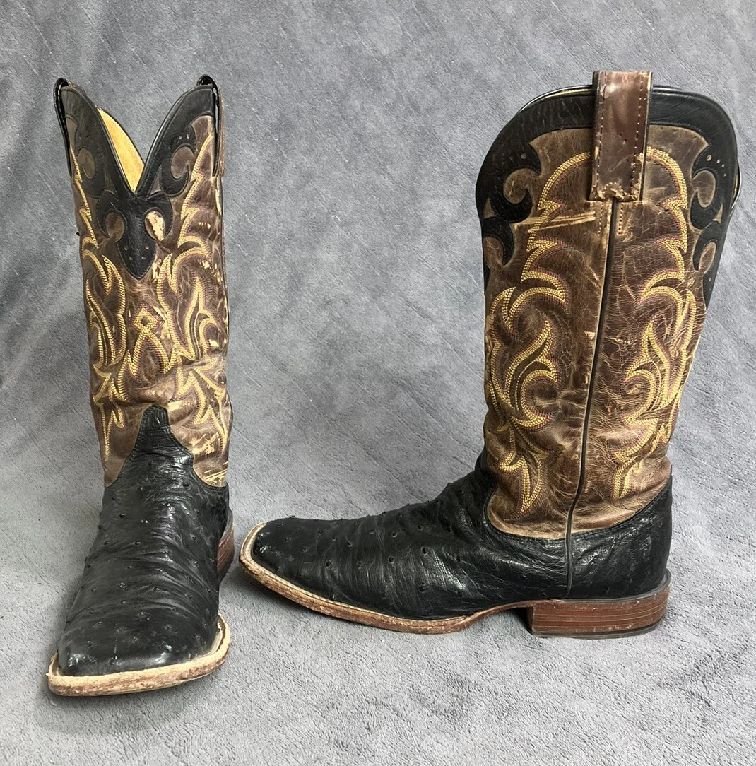 Justin Ostrich Cowboy Boots Full Quill Men 8.5 D Square Toe Remuda AQHA MADE USA