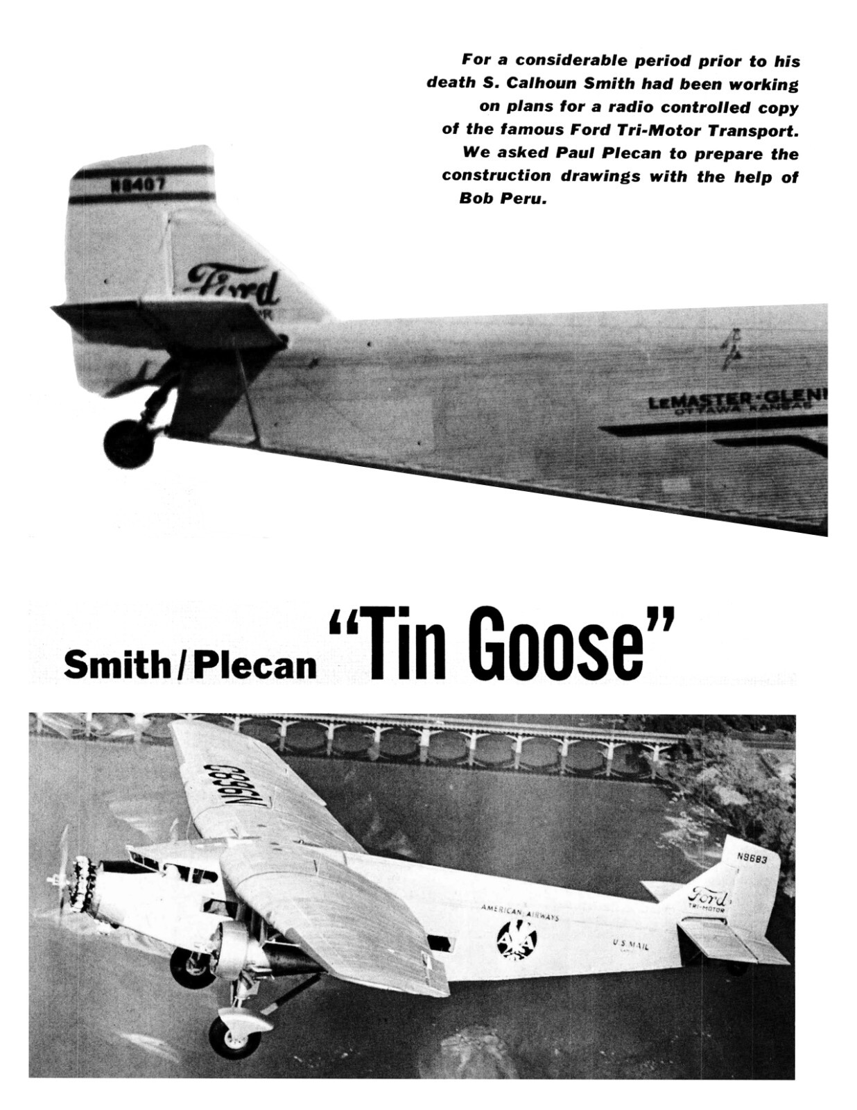 Model Airplane Plan (RC) Ford TriMotor 'Tin Goose' 78" 1/12 Scale for